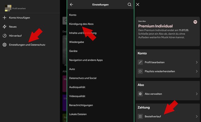 Schritt-für-Schritt-Erklärung, wie man in der Spotify-App zu den Rechnungen gelangt