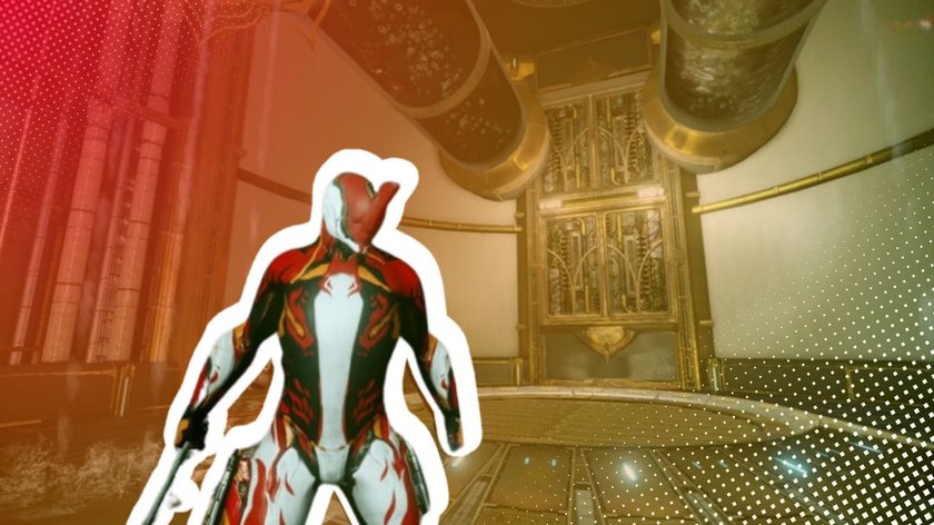 Excalibur-Warframe aus dem gleichnamigen Spiel Warframe vor rot-orangefarbenem Hintergrund.