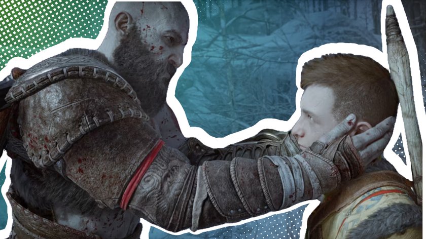 Bild von zwei Charakteren aus dem Spiel "God of War": Links ein kräftiger, bärtiger Mann (Kratos) in Rüstung, der mit blutverschmierten Armen den Kopf eines jungen Mannes (Atreus) zärtlich hält. Beide Figuren sind ernst, der Hintergrund zeigt eine verschneite Waldlandschaft.