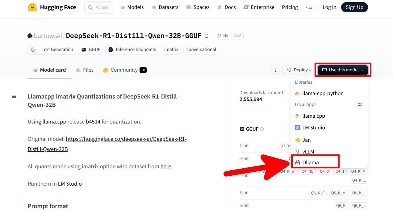 Hugging-Face-Webseite mit Ollama-Download markiert.