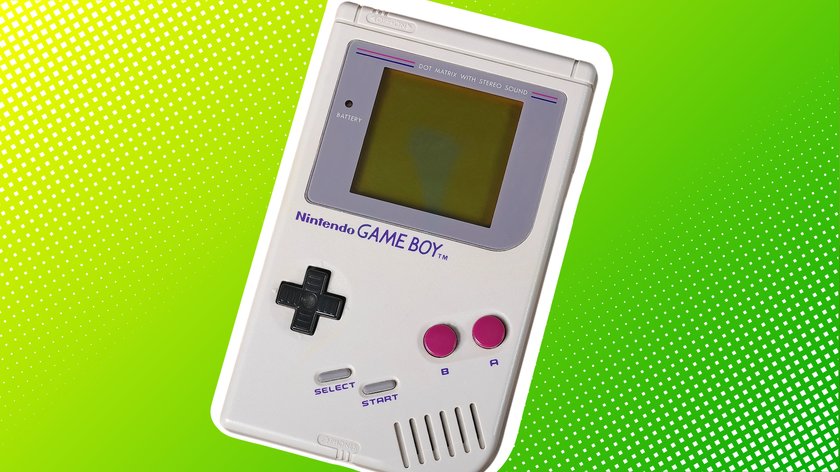 Game Boy vor einem grünen Hintergrund.