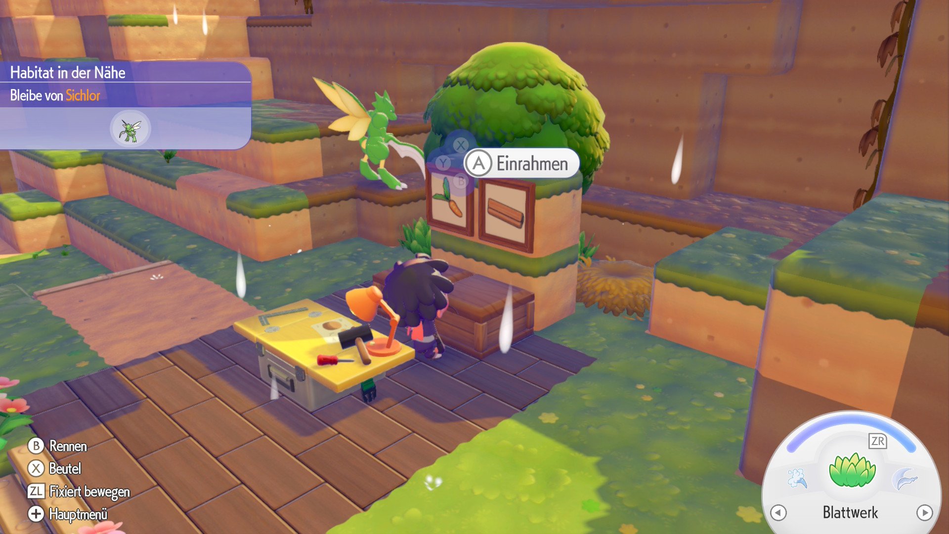 A green, winged beetle hovers in front of a sign with two images: a carrot and a log. A person stands in front of it and next to it is a table with tools.