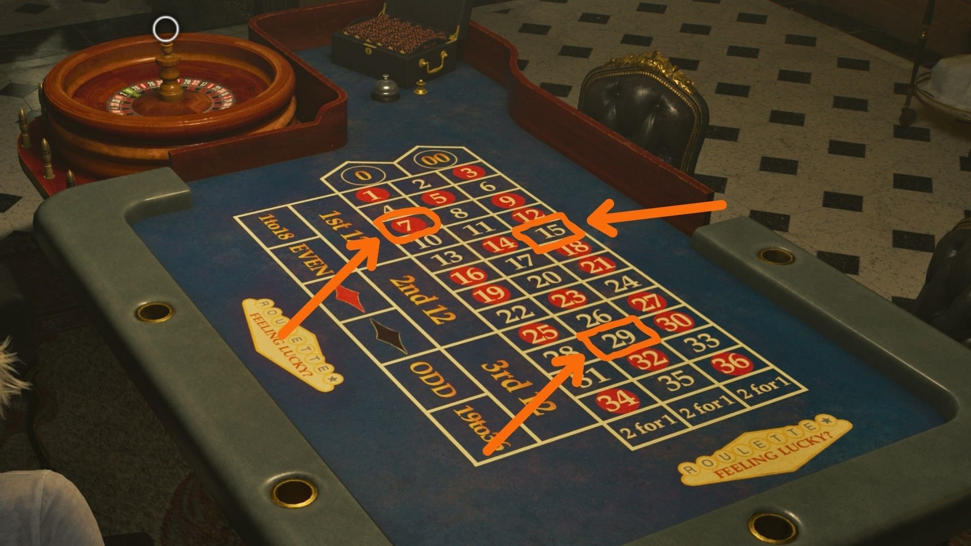 Shoot either the 7, the 15 or the 29 before spinning the roulette wheel.