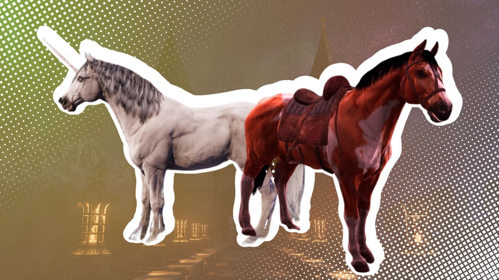 Weißes Einhorn und braunes Pferd in Oblivion Remastered