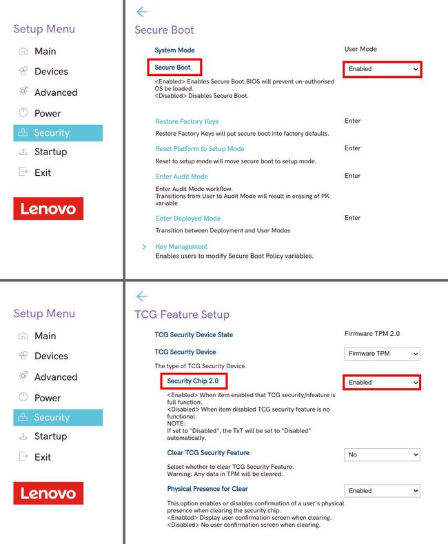 Bei Lenovo-Desktops aktiviert man Secure-Boot und TPM 2.0 hier.