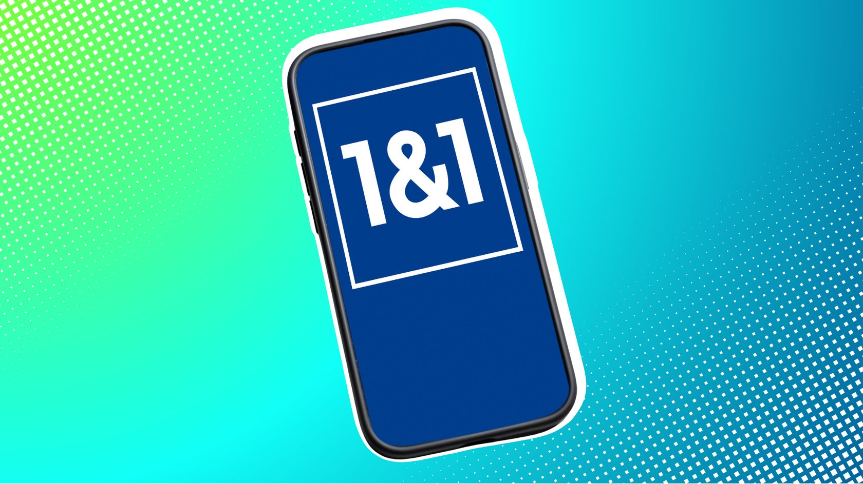 Smartphone mit 1&1-Logo vor buntem Hintergrund