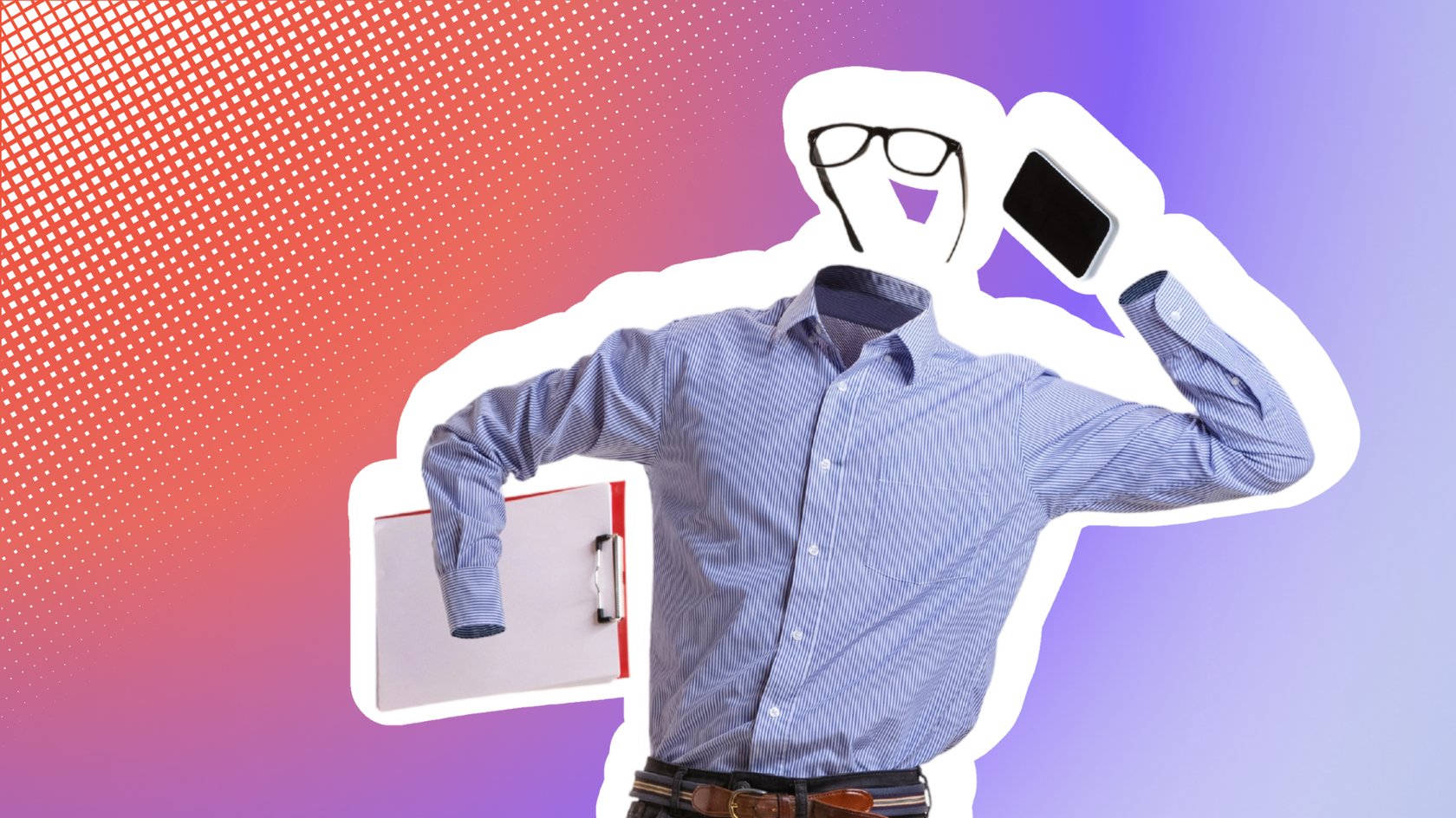 Unsichtbare Person in Hemd und mit Hornbrille auf der unsichtbaren Nase hält sich mit der unsichtbaren linken Hand ein Smartphone ans unsichtbare Ohr, während sie in der unsichtbaren rechten Hand noch ein Clipboard trägt.