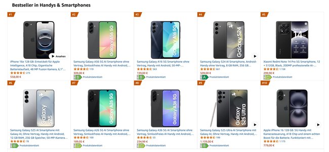 Amazon Smartphone-Ranking vom 10. Juli 2025.