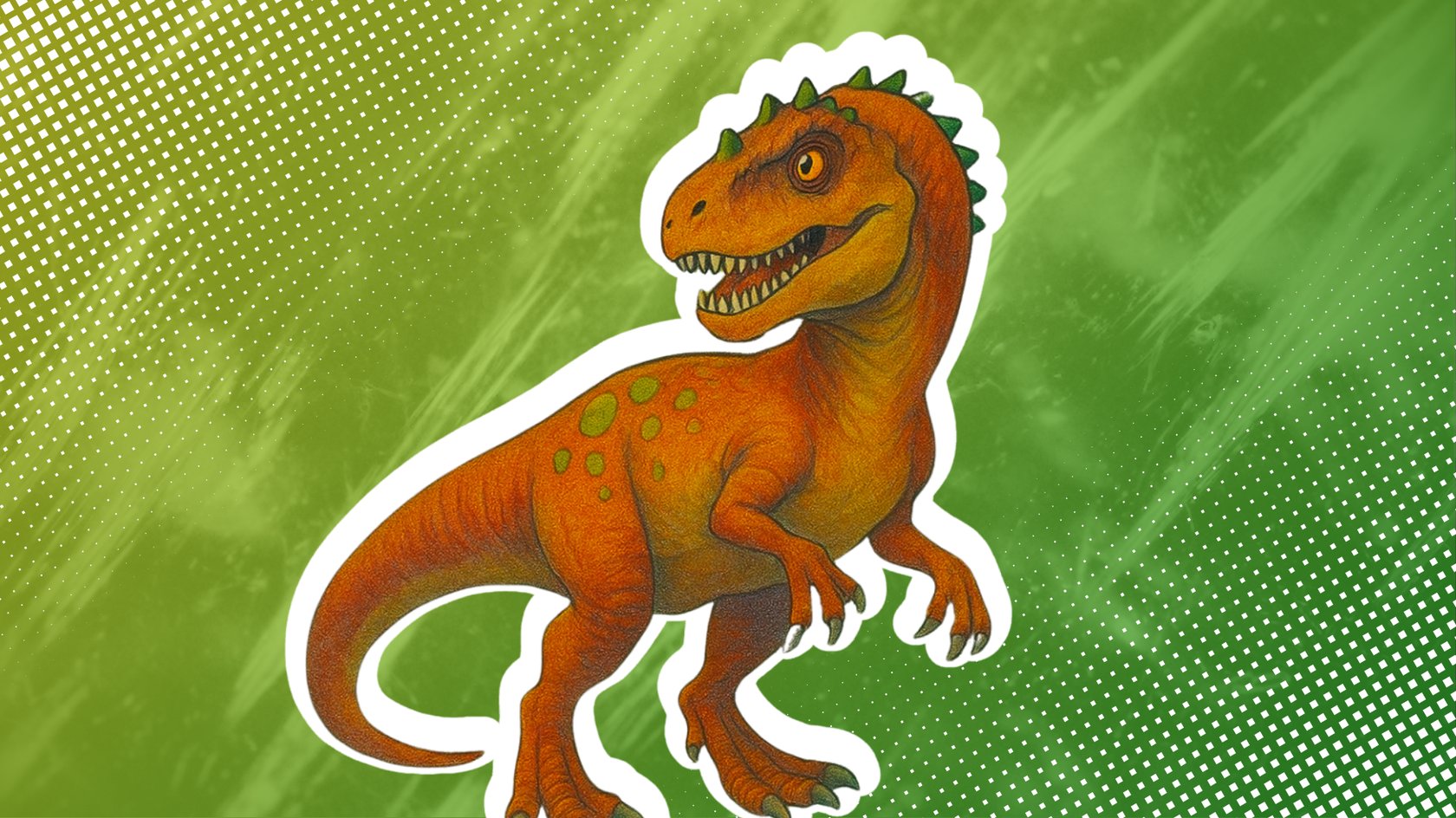 Ein kolorierter und gezeichneter Dino vor einem abstrakten grünen Hintergrund.