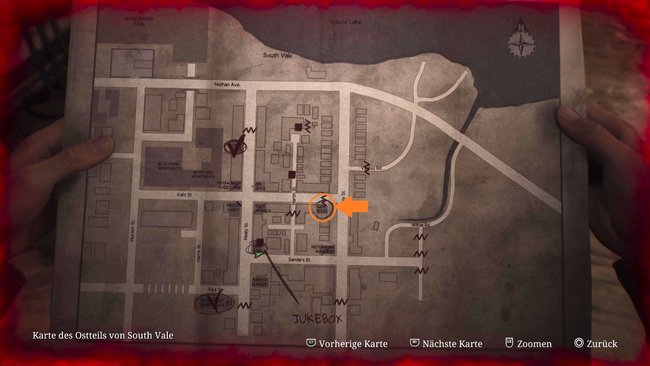 Der orange Kreis markiert den Fundort von "Cafe Texas" auf der Karte von Silent Hill 2.