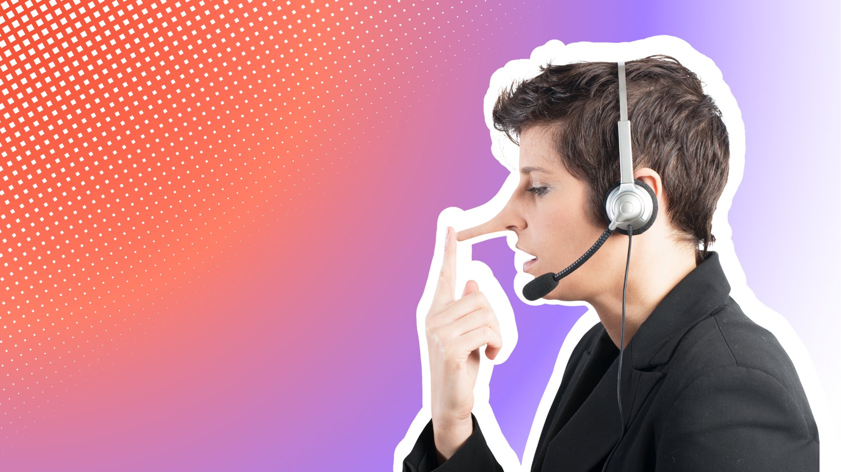 Eine Frau mit kurzem, dunklem Haar trägt ein Headset und einen schwarzen Blazer. Ihre Nase ist übertrieben verlängert, ähnlich wie bei Pinocchio, und sie berührt sie mit einem Finger. Der Hintergrund ist ein Farbverlauf von Rot zu Lila mit einem Rastermuster. Die Person ist mit einem weißen Rand hervorgehoben, was auf eine digitale Bearbeitung hinweist.