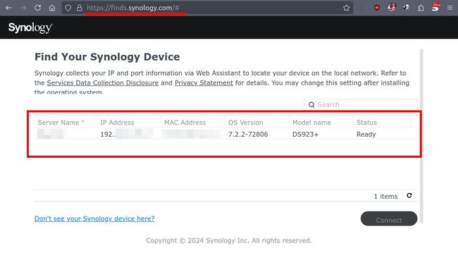 Die Synology-Webseite hat das NAS gefunden.