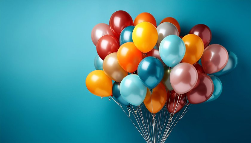 A colorful bunch of balloons against a blue background adding vibrant look and joyful atmosphere to the image.