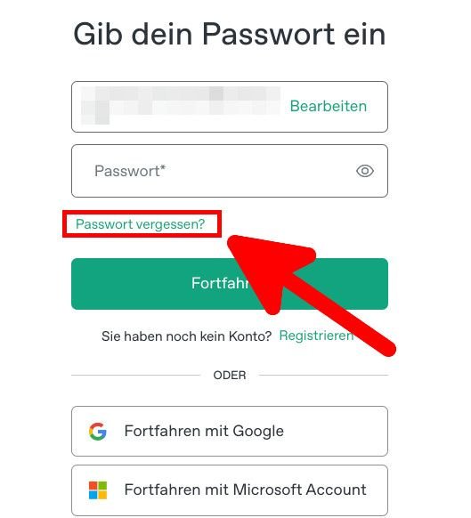 ChatGPT-Login mit Pfeil auf „Passwort vergessen“.