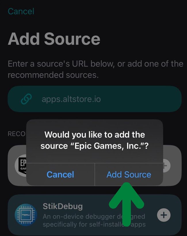Tippt jetzt neben "Epic Games, Inc." auf das Plus-Symbol im Kreis und bestätigt, indem ihr "Add Source" auswählt.