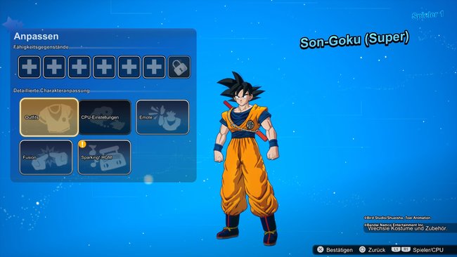 Son-Goku im Anpassungsbildschirm in Dragon Ball: Sparking Zero.