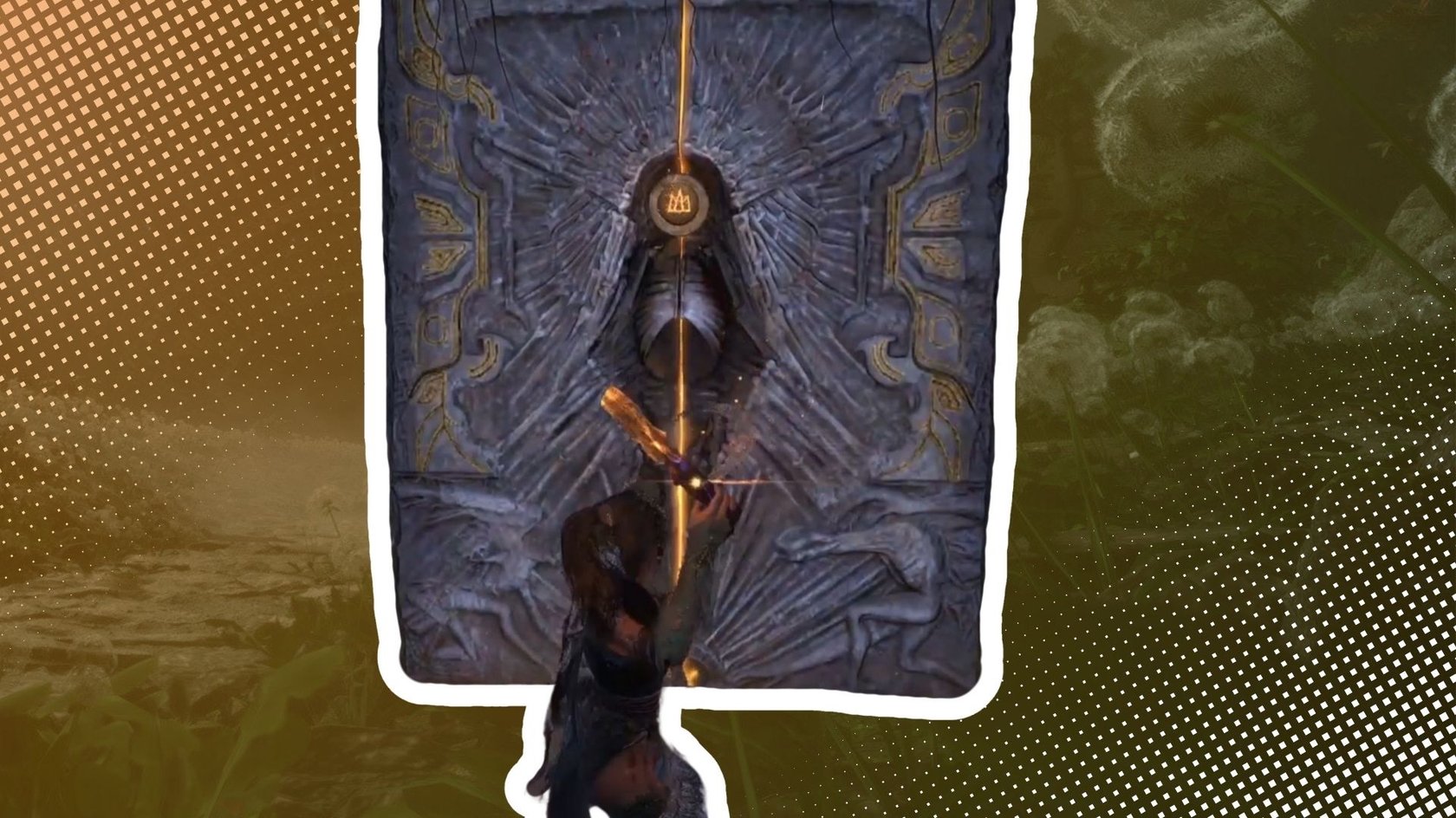 Videospielszene&#x20;mit&#x20;einer&#x20;weiblichen&#x20;Figur,&#x20;die&#x20;ein&#x20;leuchtendes&#x20;Schwert&#x20;in&#x20;ein&#x20;gro&#x00DF;es,&#x20;verziertes&#x20;Steintor&#x20;steckt.&#x20;Das&#x20;Tor&#x20;zeigt&#x20;ein&#x20;reliefartiges&#x20;Design&#x20;mit&#x20;gelben&#x20;Symbolen&#x20;und&#x20;einer&#x20;zentralen&#x20;Krone&#x20;&#x00FC;ber&#x20;dem&#x20;Schwertschlitz.&#x20;Der&#x20;Hintergrund&#x20;ist&#x20;mit&#x20;grafischen&#x20;Mustern&#x20;und&#x20;L&#x00F6;wenzahnabbildungen&#x20;versehen.