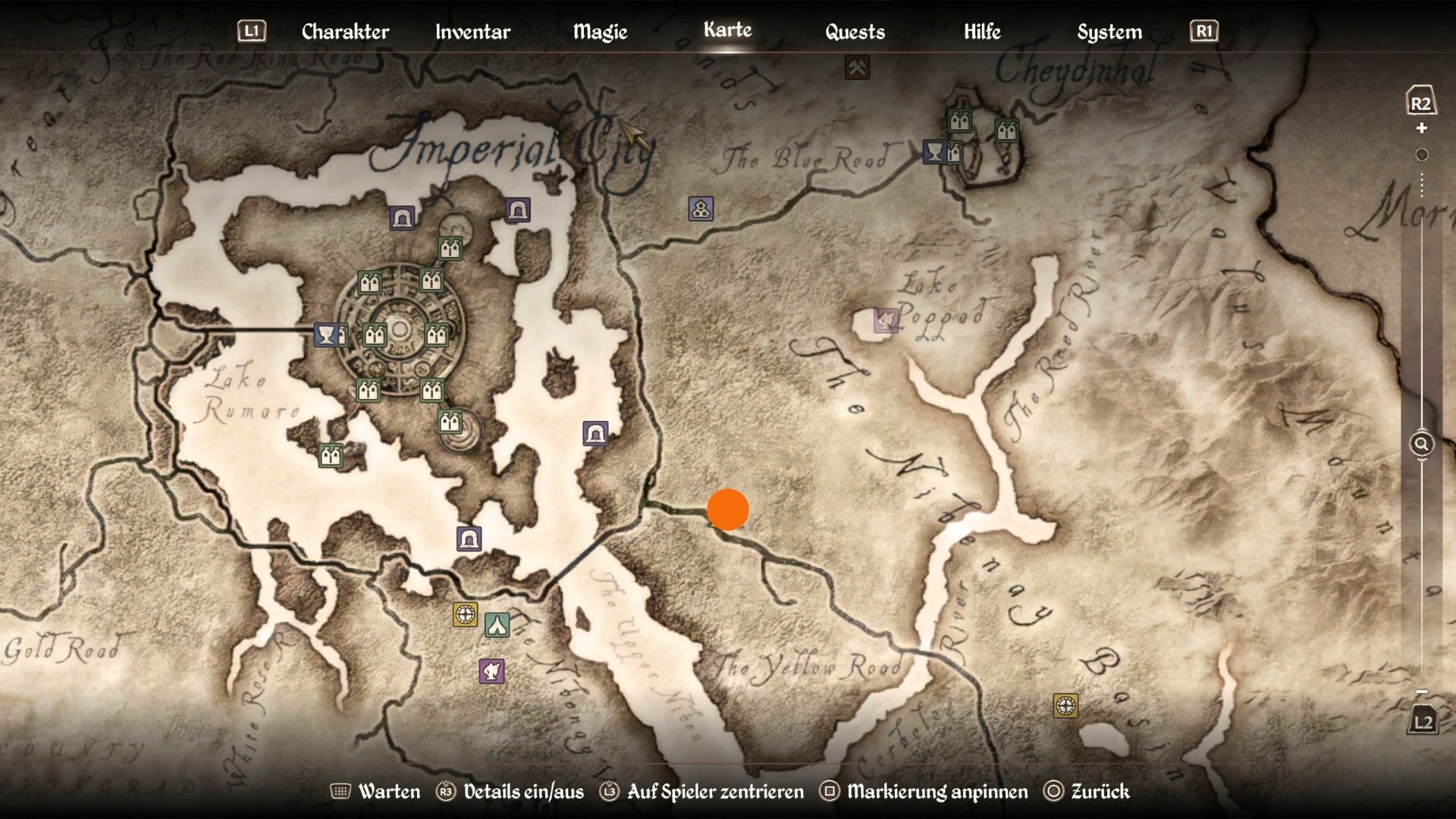 Fundort des Wegschreins Julianos markiert mit einem orangen Punkt auf der Karte von Oblivion Remastered