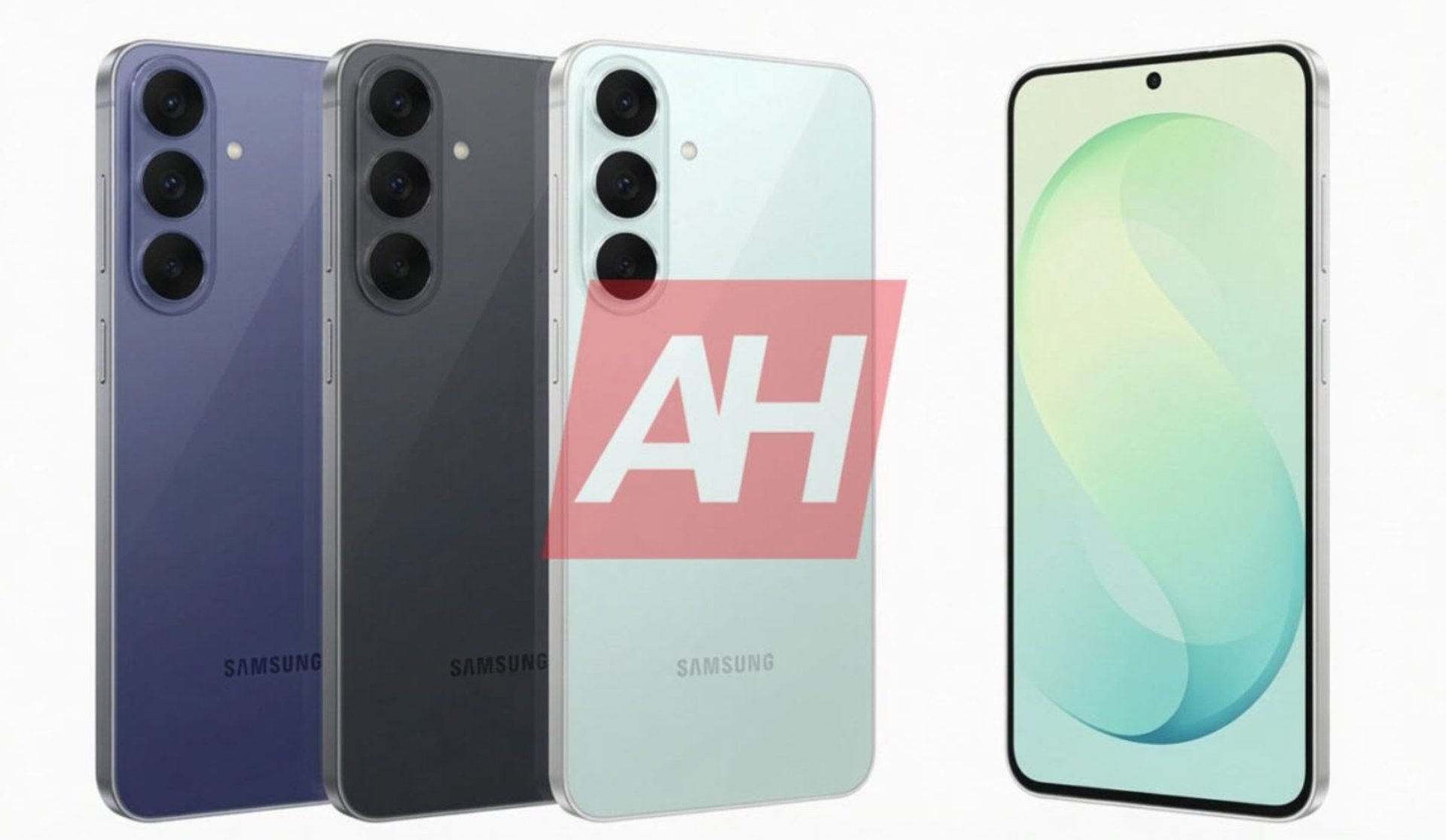 На изображении показан Samsung Galaxy S26 FE в трех цветах сзади и один раз спереди.