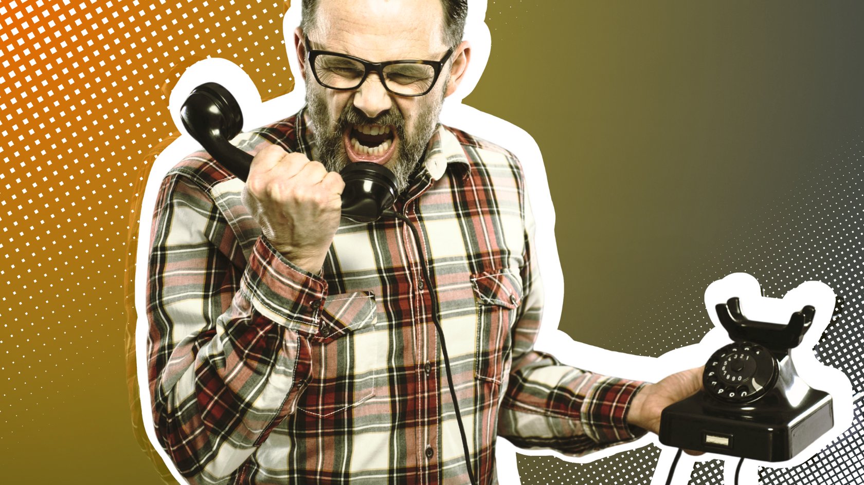 Ein wütender Mann mit Brille und kariertem Hemd hält einen alten schwarzen Wählscheibentelefonhörer in der einen Hand und das Telefongehäuse in der anderen. Er schreit in den Hörer, während der Hintergrund in einem comicartigen Stil mit Farbverlauf und Punktemuster gestaltet ist.