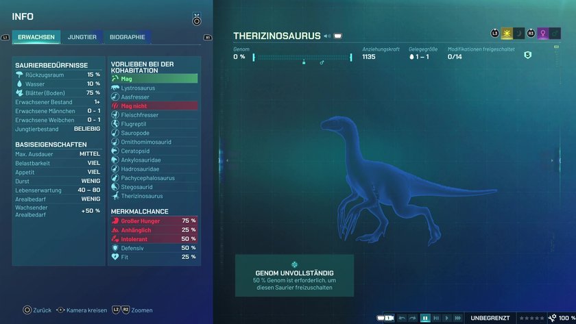 Infos zum Therizinosaurus Pflanzenfresser-Dino in Jurassic World Evolution 3