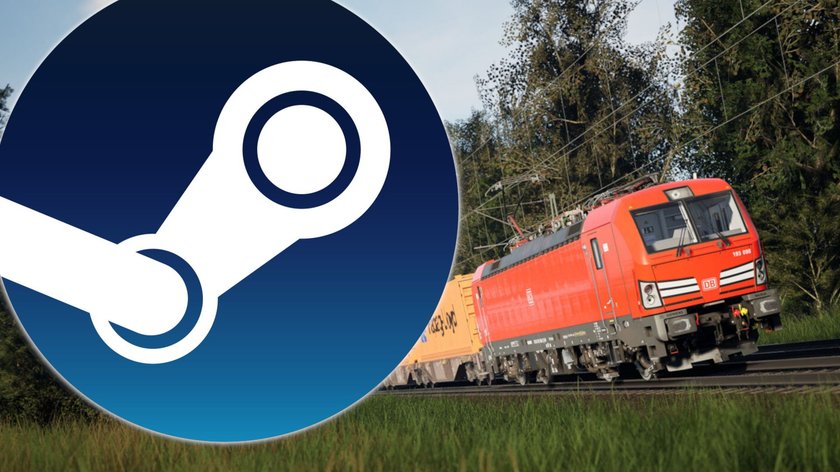 Zug aus Train Sim World 5 mit dem Steam-Logo im Vordergrund