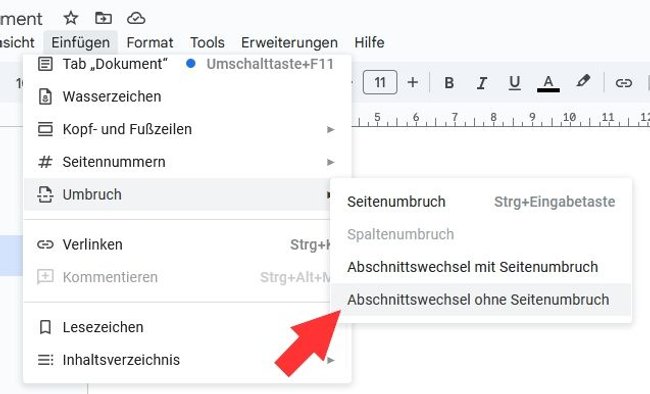 Google Docs Abschnittswechsel ohne Seitenumbruch