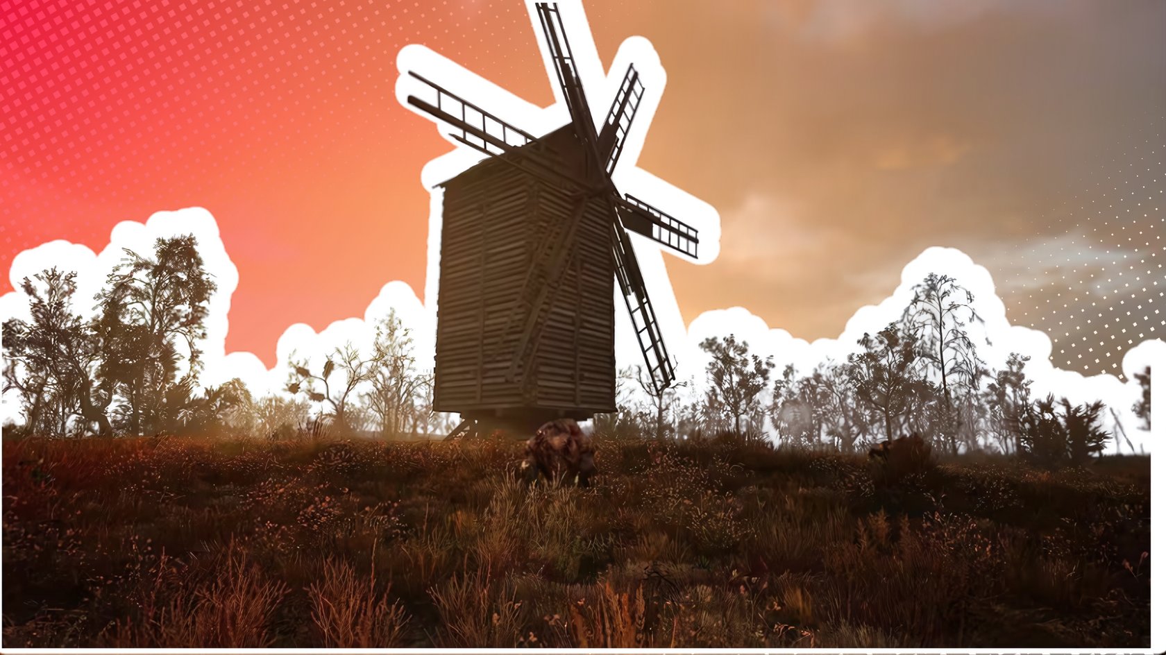 Eine alte Holz-Windmühle steht in einer kargen, überwucherten Landschaft, umgeben von kahlen und spärlich belaubten Bäumen. Im Vordergrund bewegt sich ein grosses, pelziges Tier auf dem braun-goldenen Gras. Der Himmel ist in orangefarbenes Licht eines Sonnenuntergangs getaucht, während eine Grafik mit weissem Rand und roten Punkten den oberen Bereich des Bildes überlagert.