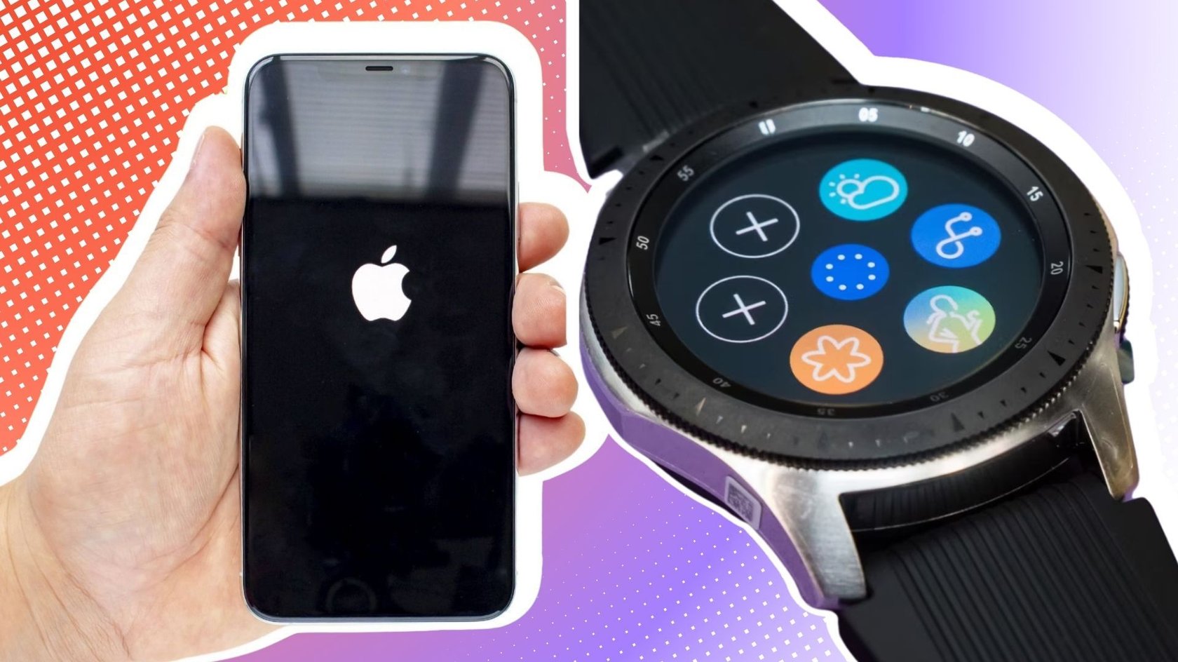Rechts ein iPhone mit dem Applelogo auf dem Display. Links eine Samsung Galaxy Watch mit dem Menü auf dem Display.