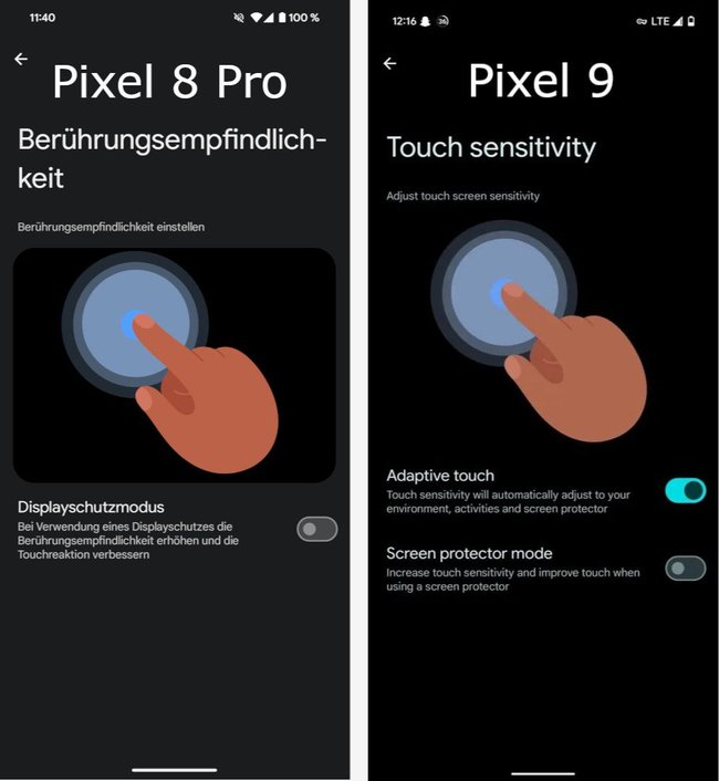 Screenshot aus den Menüs von Pixel 8 Pro und Pixel 9