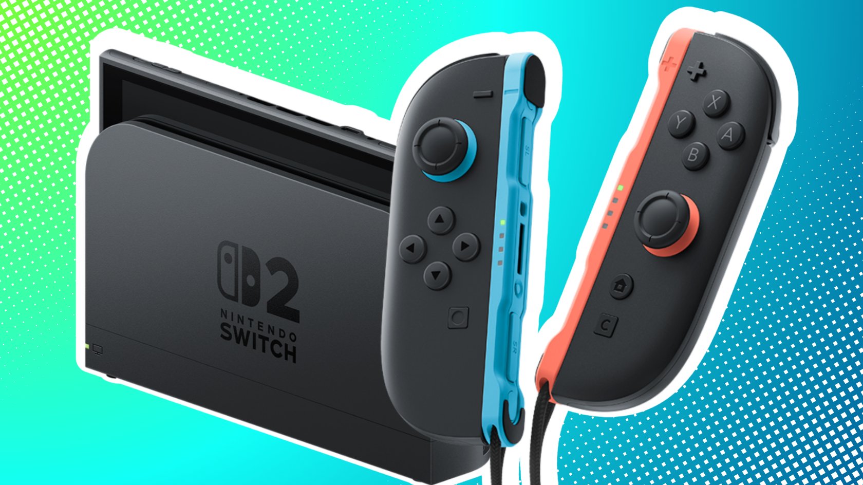 Nintendo Switch 2 Joy-Cons vor dem Dock vor einem blaugrünen Hintergrund.