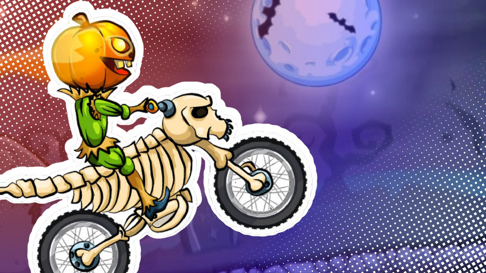 Comichafte Rennfahrer-Figur mit einem Kürbiskopf auf einem Motorrad aus Kochen, die durch die Nacht fährt.