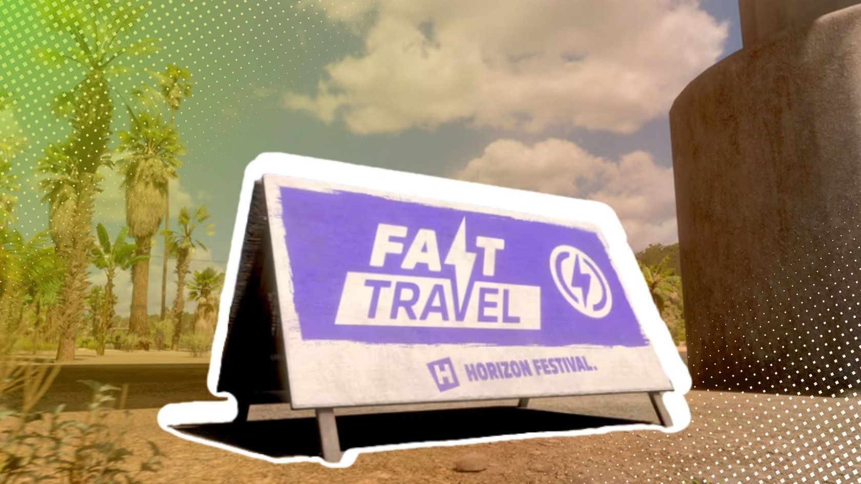 Eine Schnellreise-Tafel, wie sie überall in Forza Horizon 5 zu finden ist.