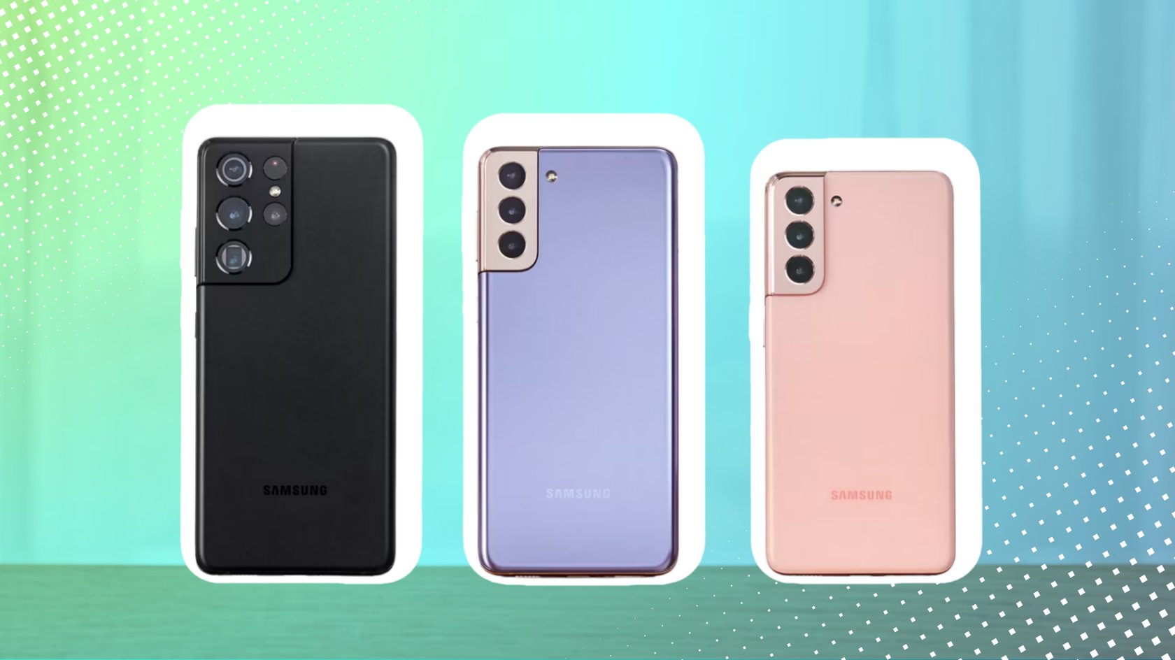 Galaxy-S21-Reihe in Schwarz, Violett und Rosa.