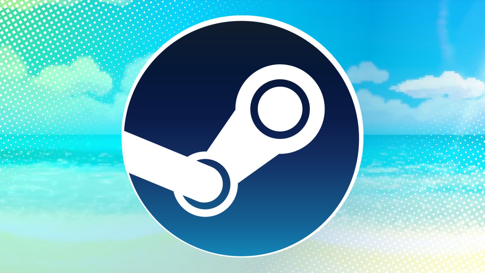 Screenshot aus Dave the Diver mit einem Strand und Meer vor blauem Himmel, im Vordergrund das Steam-Logo
