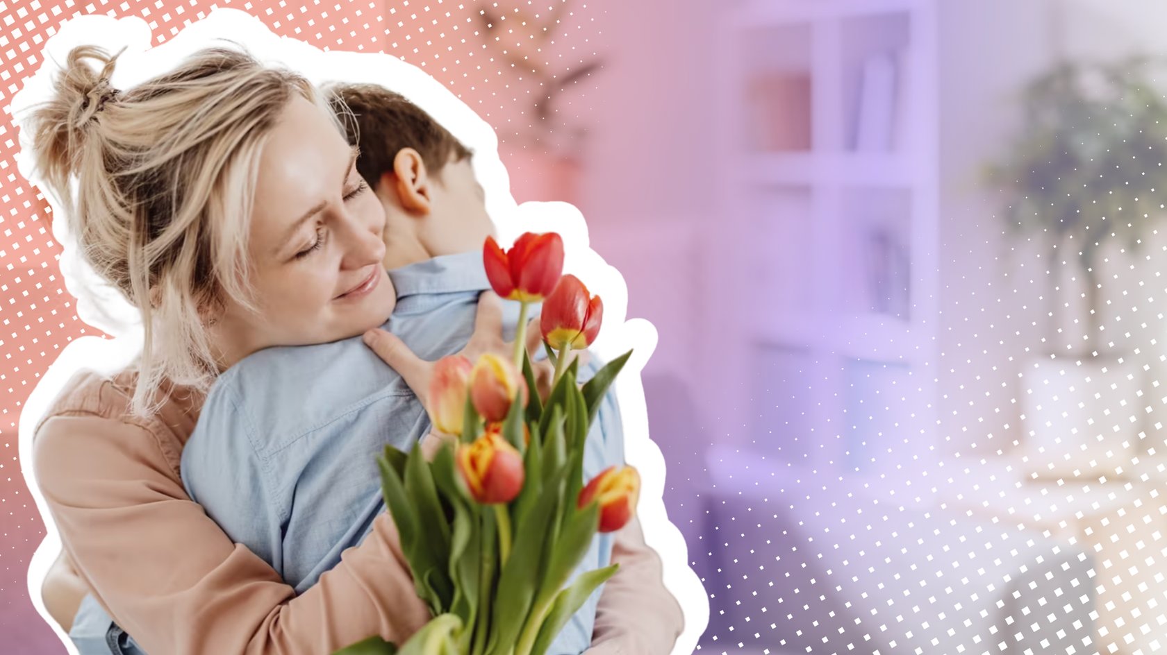 Eine blonde Frau umarmt einen kleinen Jungen. In ihrer linken Hand hält sie einen Strauß gelb-rote Tulpen.