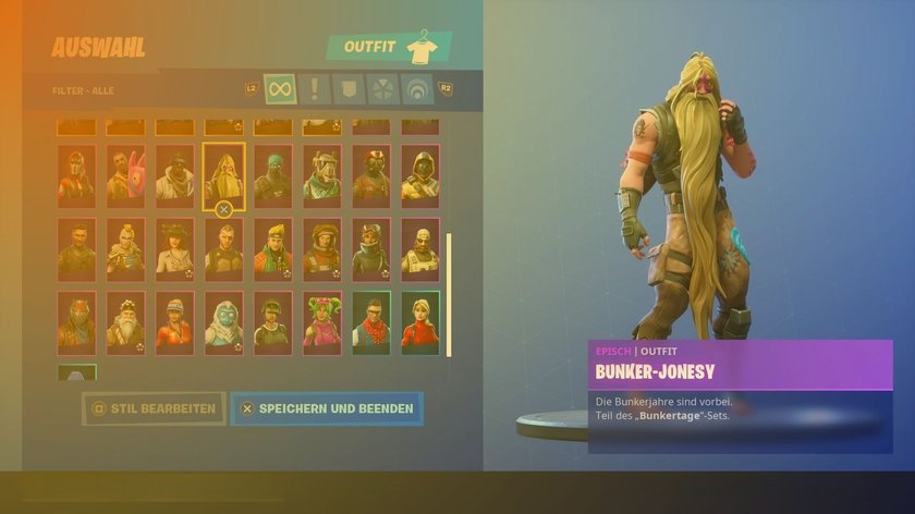 Auswahl an Fortnite-Skins und rechts der Skin namens „Bunker-Jonesy“.