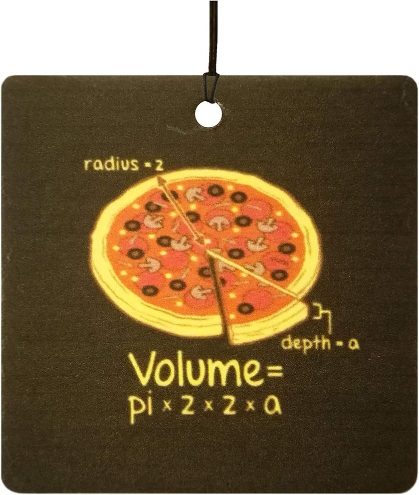 Bild eines Auto-Lufterfrischers, auf dem eine Pizza abgebildet ist.