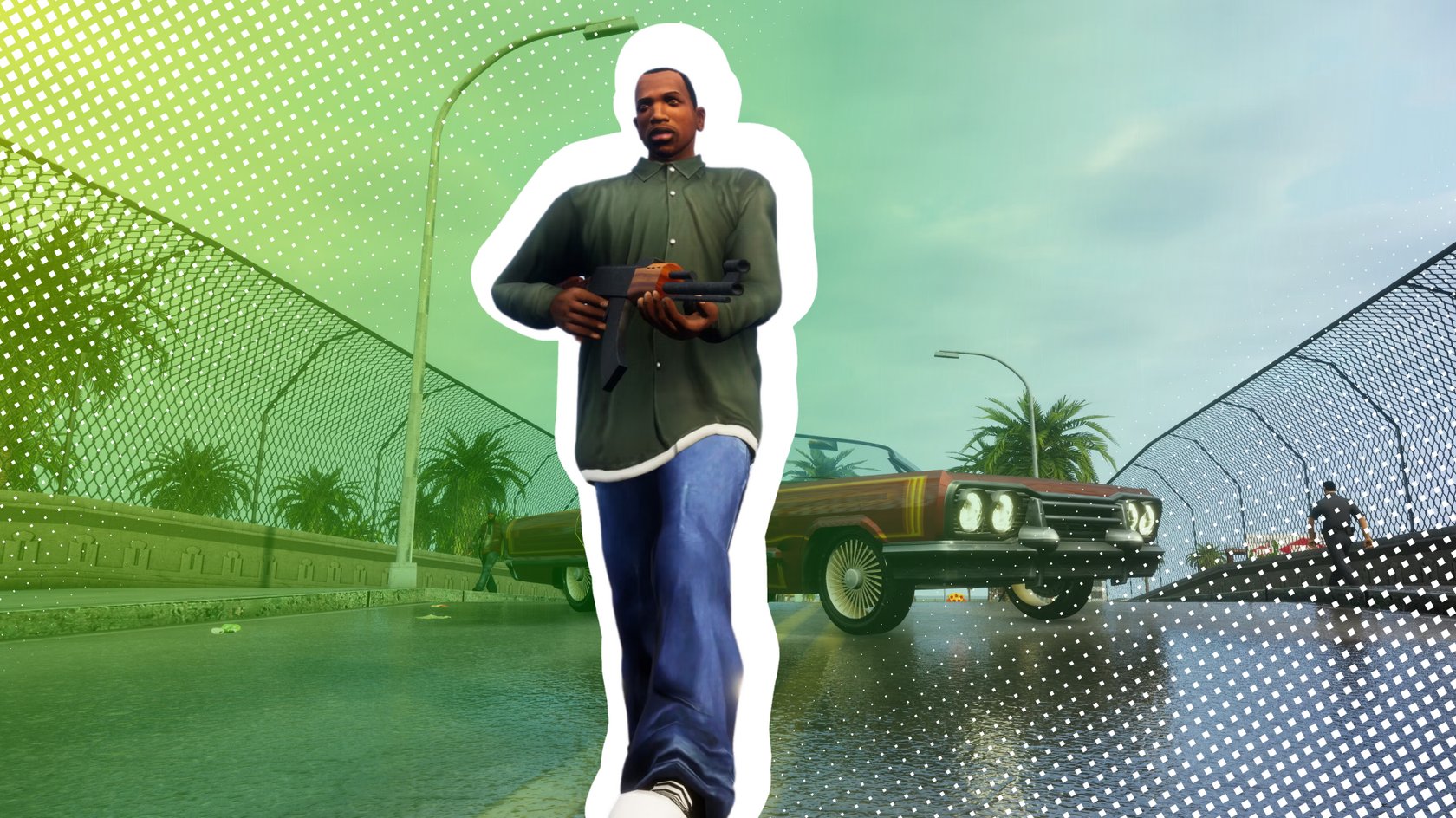 CJ aus GTA San Andreas mit Gewehr in der Hand vor einem Auto.