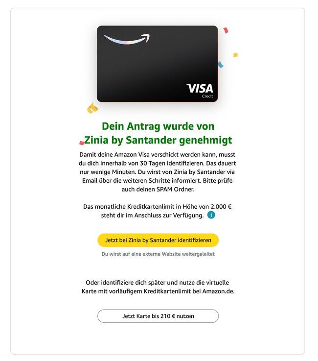 Eine erfolgreich Beantragung der Visa-Karte von Amazon.