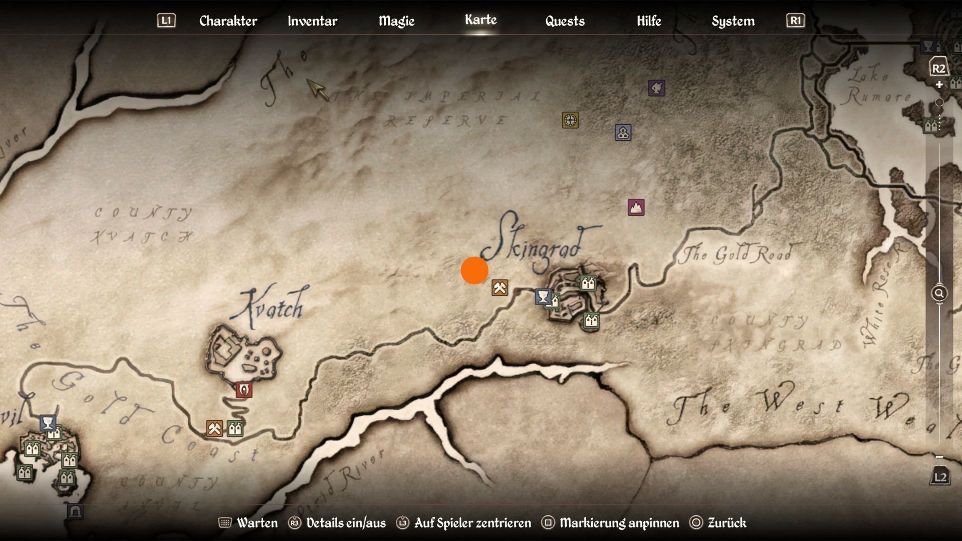 Fundort des Wegschreins Mara markiert mit einem orangen Punkt auf der Karte von Oblivion Remastered