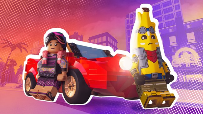 Screenshot aus LEGO Fortnite Brick Life mit zwei LEGO-Figuren, die an ein Auto lehnen.