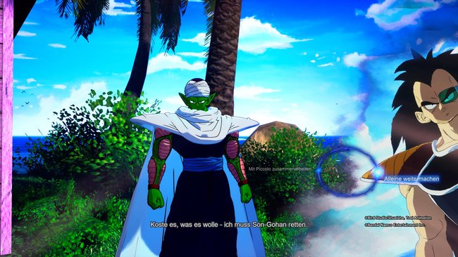 Dialog mit Piccolo aus Dragon Ball: Sparking Zero. Der Spieler wird vor eine Entscheidung gestellt.