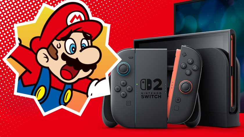 Nintendo Switch 2 mit einem Sticker im Vordergrund, das einen erschreckten Super Mario zeigt.