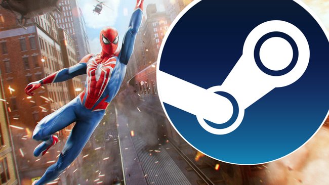 Spider-Man aus Marvel’s Spider-Man 2 neben dem Steam-Logo