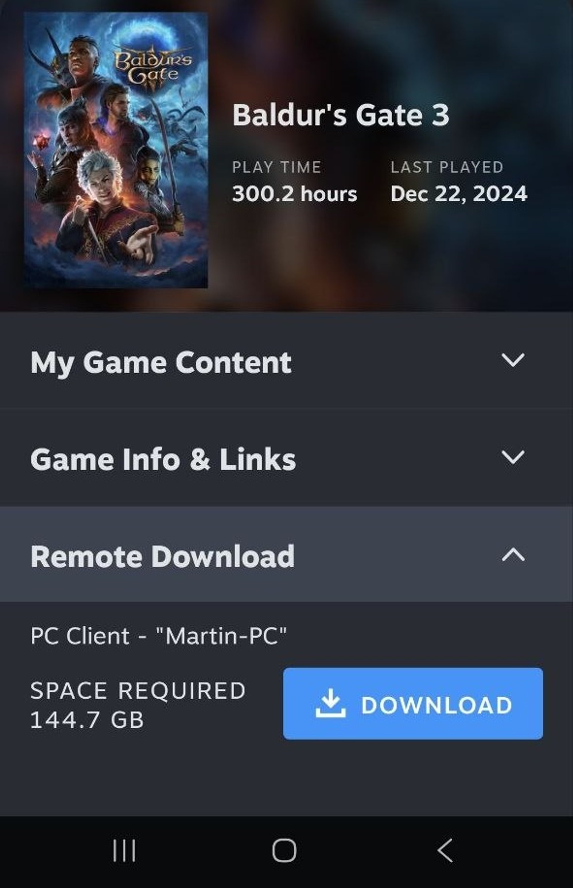 Steam Remote Download in the Steam app