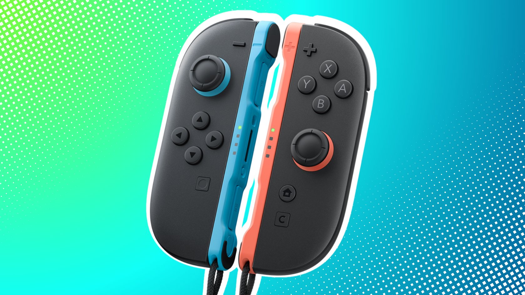 Joy-Cons der Nintendo Switch 2 vor einem blaugrünen Hintergrund. 