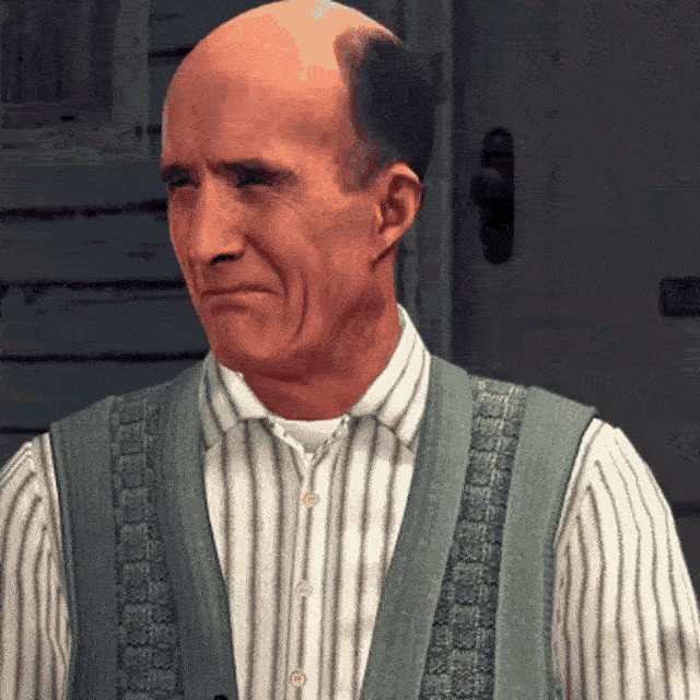 Älterer Nichtspieler-Charakter aus dem Videospiel "L.A. Noire", der einen sehr anzweifelbaren Gesichtsausdruck auflegt