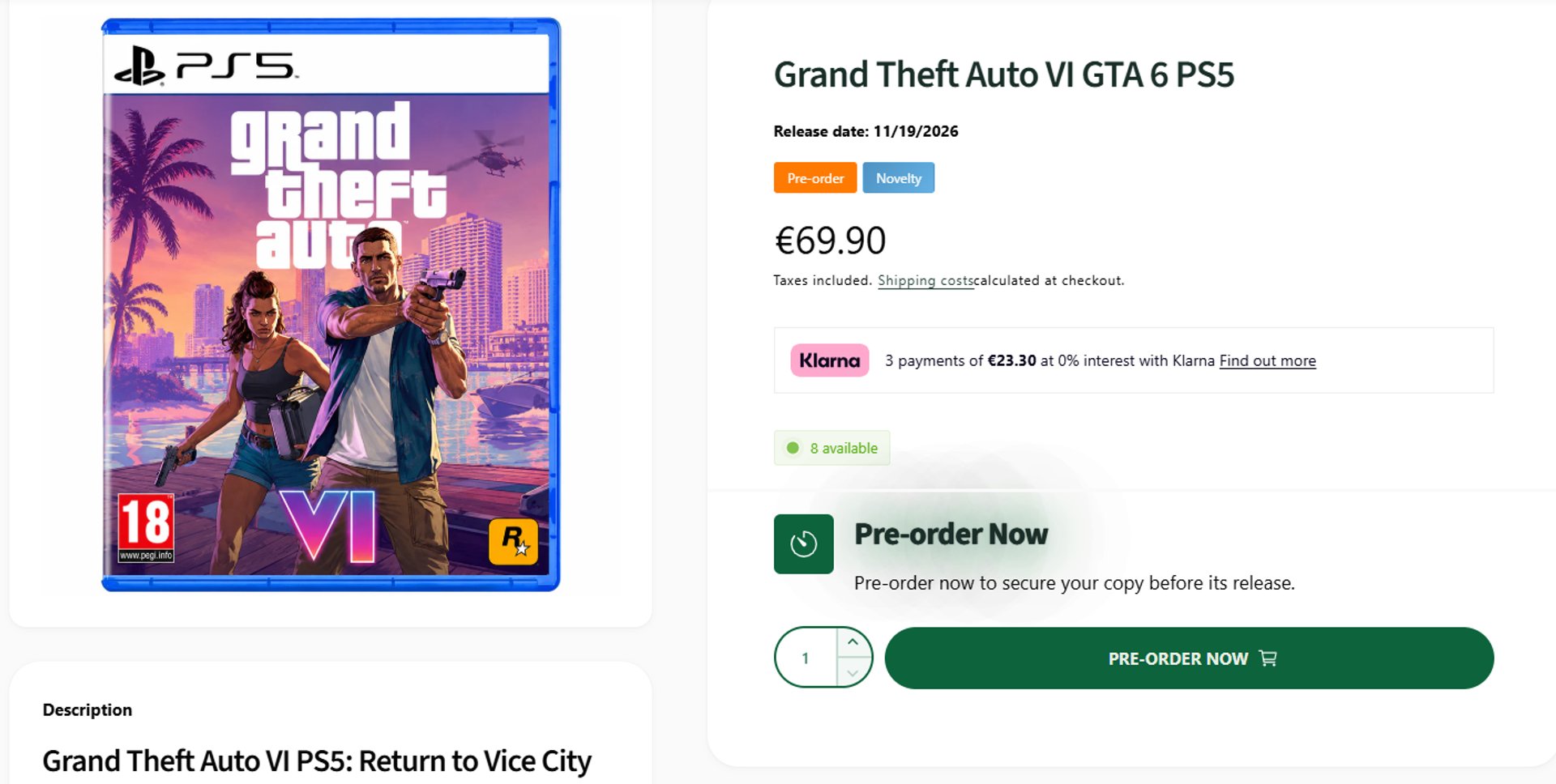 PS5 product page for GTA 6 at Showgame