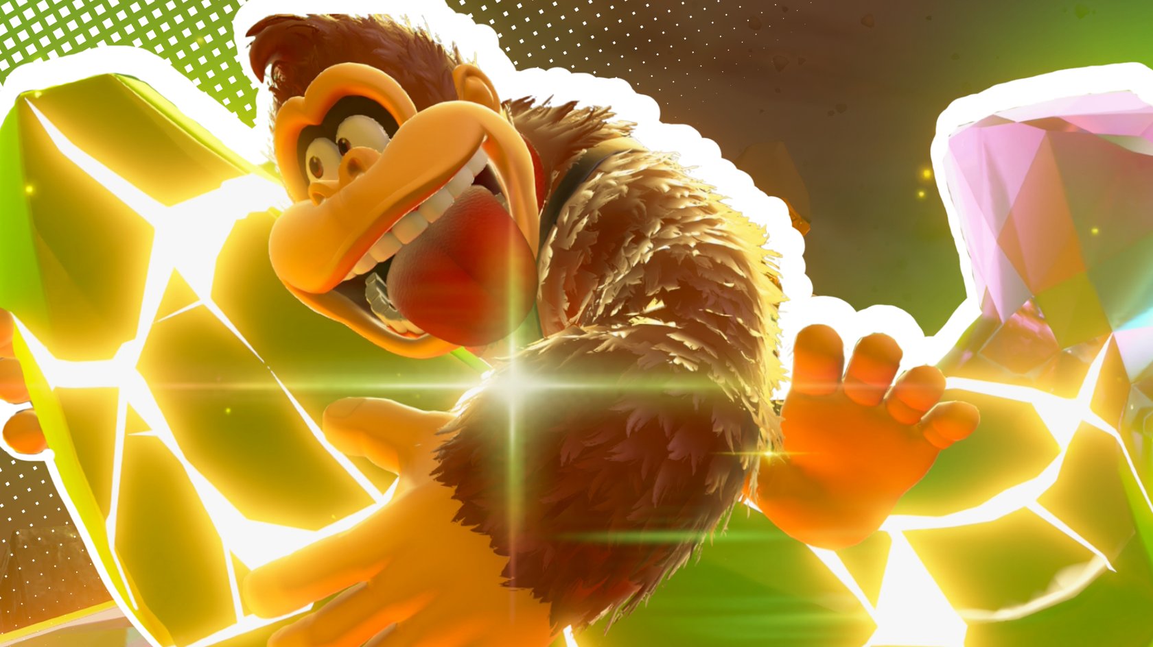 Donkey Kong, wie er eine goldene Banane umarmt.